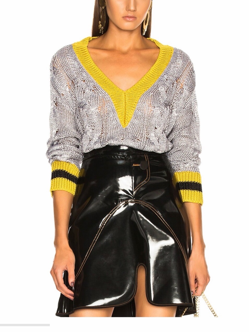 rag & bone Gray Knit V-Neck Sweater with Yellow Trim